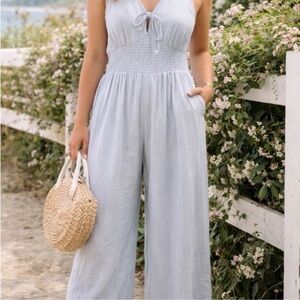 American Eagle Outfitters Light Blue Smocked Waist Wide-Leg Jumpsuit